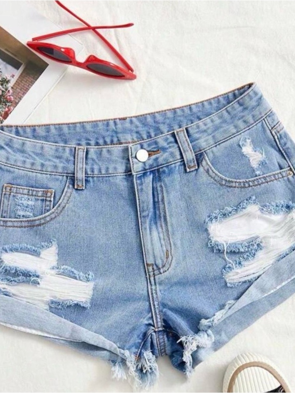 Light Blue Distressed Denim Shorts - Women